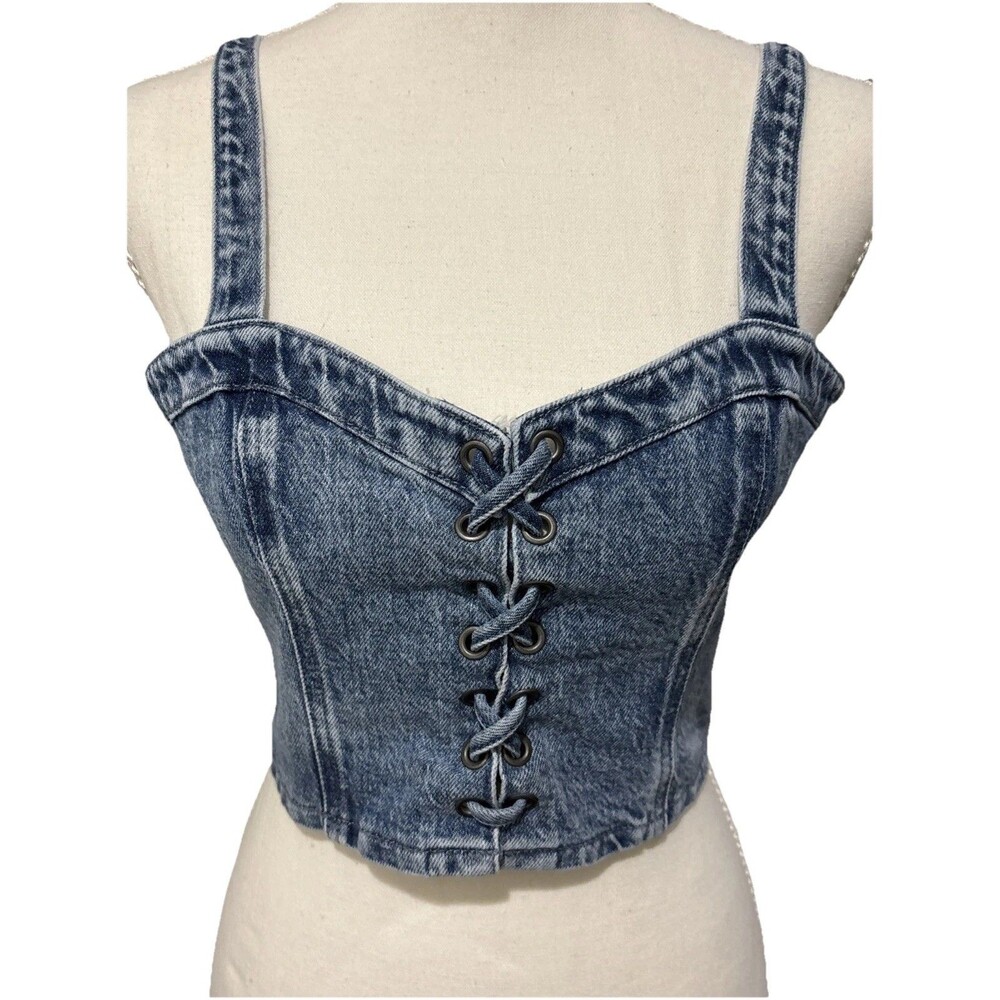 Social Tourist Abercrombie Denim Lace Up Cropped Corset Top Sz M Women’s